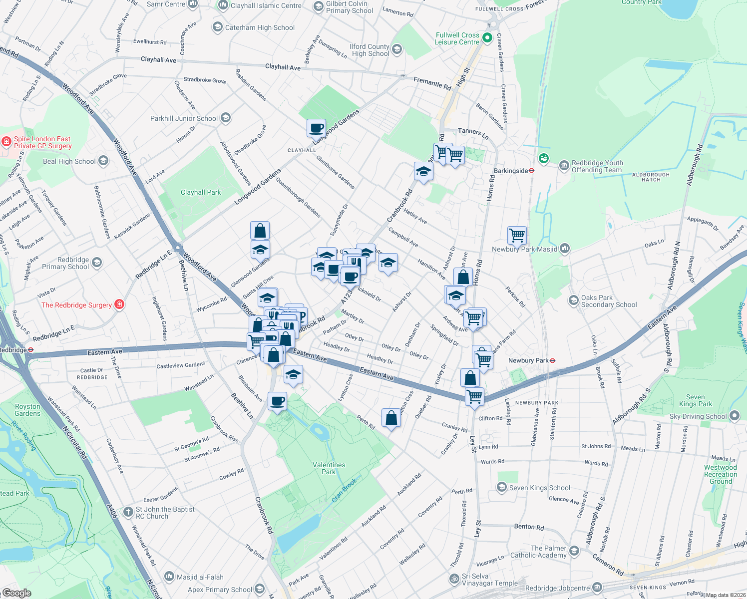 map of restaurants, bars, coffee shops, grocery stores, and more near 32 Icknield Drive in Greater London