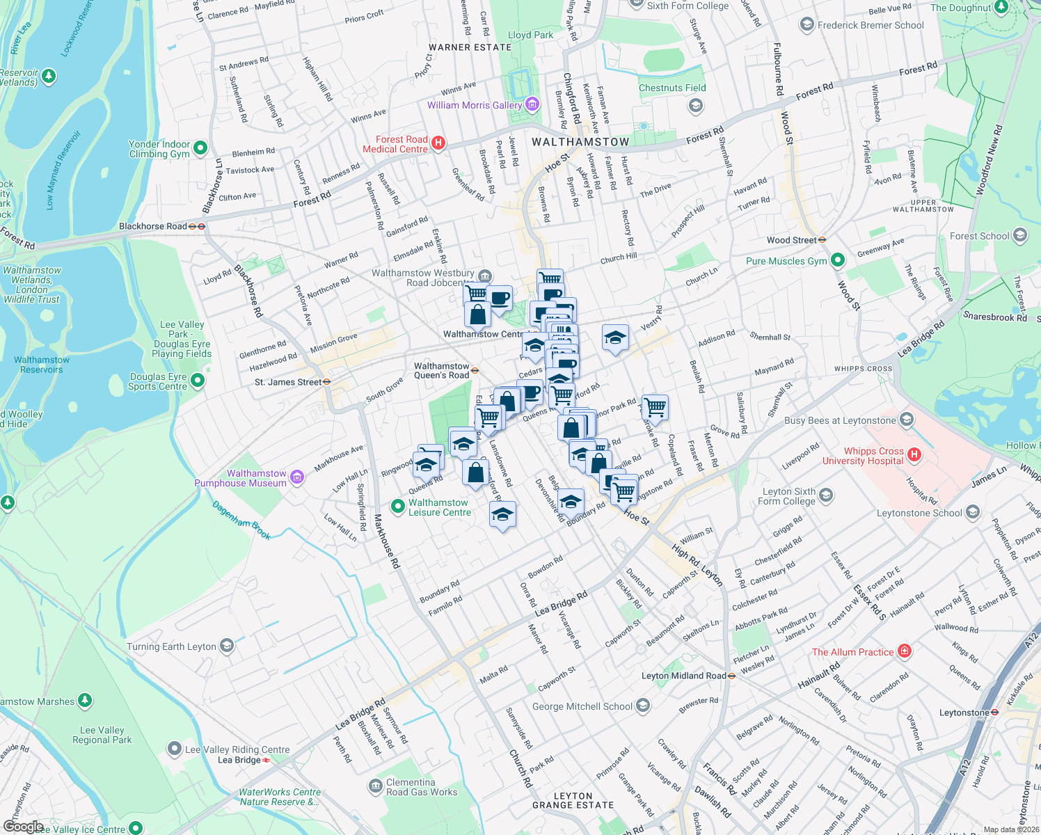 map of restaurants, bars, coffee shops, grocery stores, and more near 44 Queens Road in Greater London