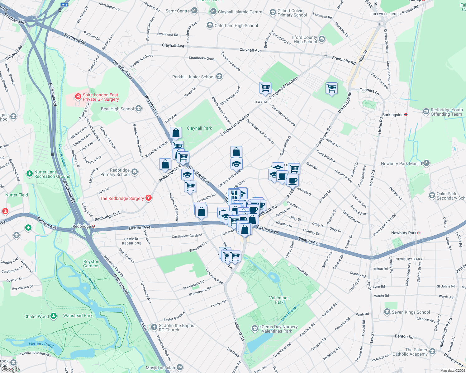 map of restaurants, bars, coffee shops, grocery stores, and more near in Ilford
