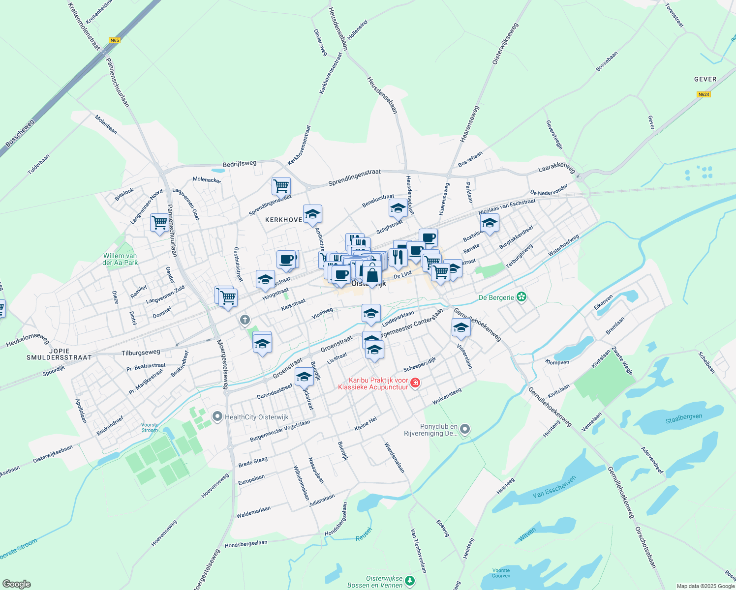map of restaurants, bars, coffee shops, grocery stores, and more near 6 Burgemeester Verwielstraat in Oisterwijk