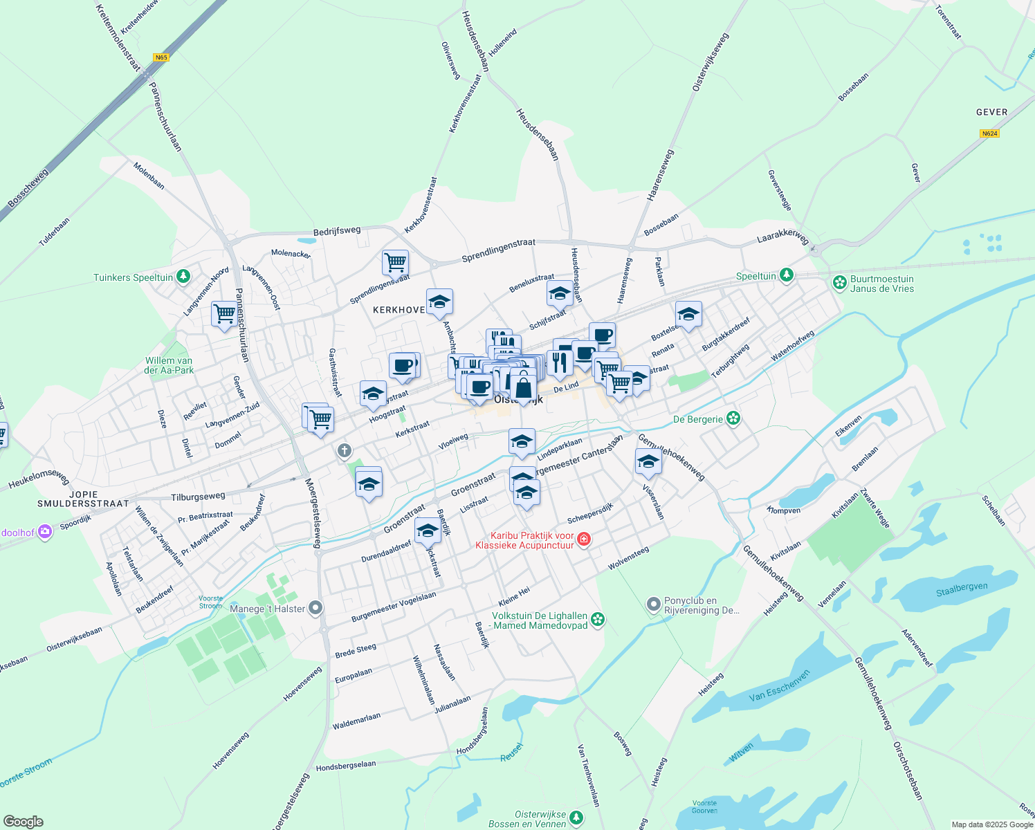 map of restaurants, bars, coffee shops, grocery stores, and more near 6 Burgemeester Verwielstraat in Oisterwijk