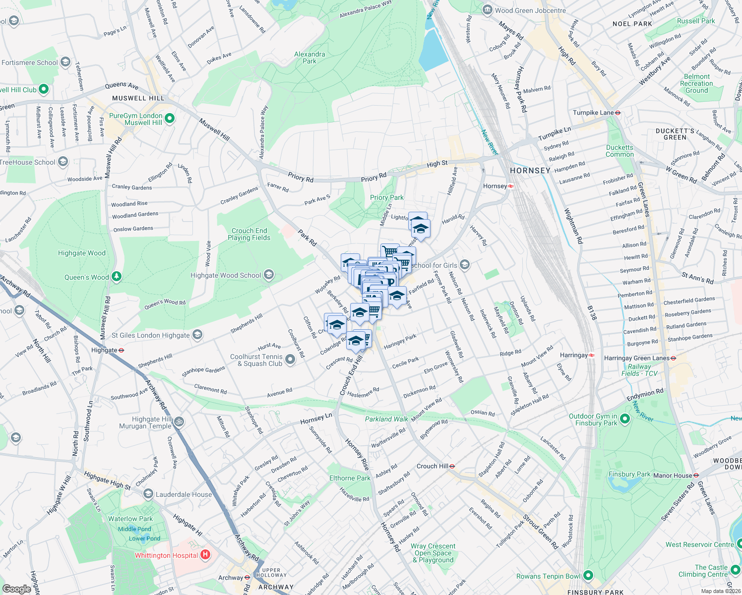map of restaurants, bars, coffee shops, grocery stores, and more near Park Road in Greater London