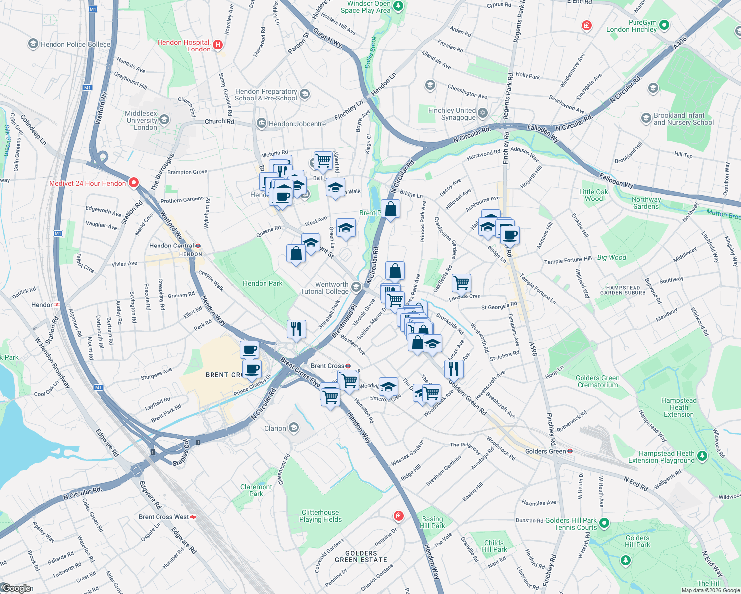 map of restaurants, bars, coffee shops, grocery stores, and more near Golders Green Road in Greater London