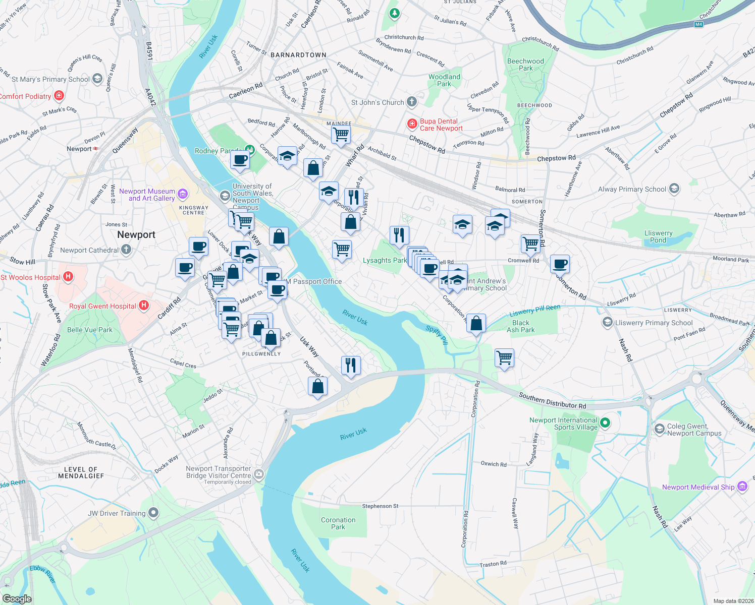 map of restaurants, bars, coffee shops, grocery stores, and more near Argosy Way in Newport