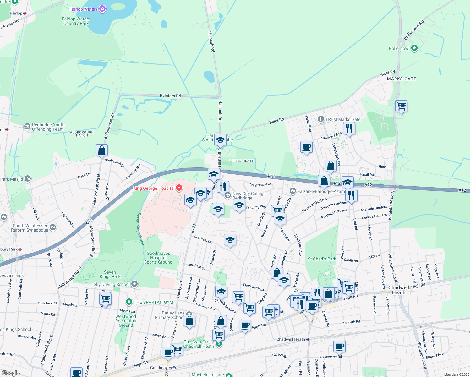 map of restaurants, bars, coffee shops, grocery stores, and more near Chadwell Heath Lane in Greater London