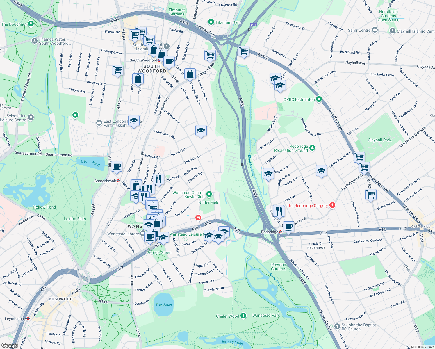 map of restaurants, bars, coffee shops, grocery stores, and more near 4 Lorne Gardens in Greater London