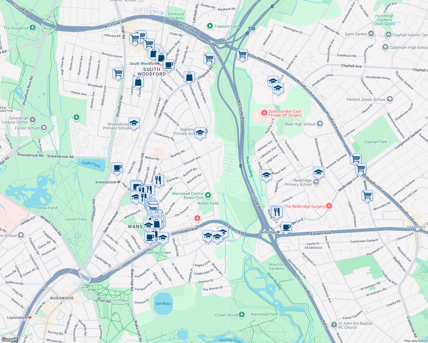 map of restaurants, bars, coffee shops, grocery stores, and more near 4 Lorne Gardens in Greater London