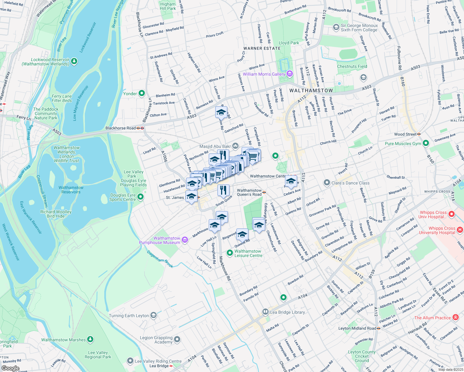 map of restaurants, bars, coffee shops, grocery stores, and more near 15 South Grove in Greater London