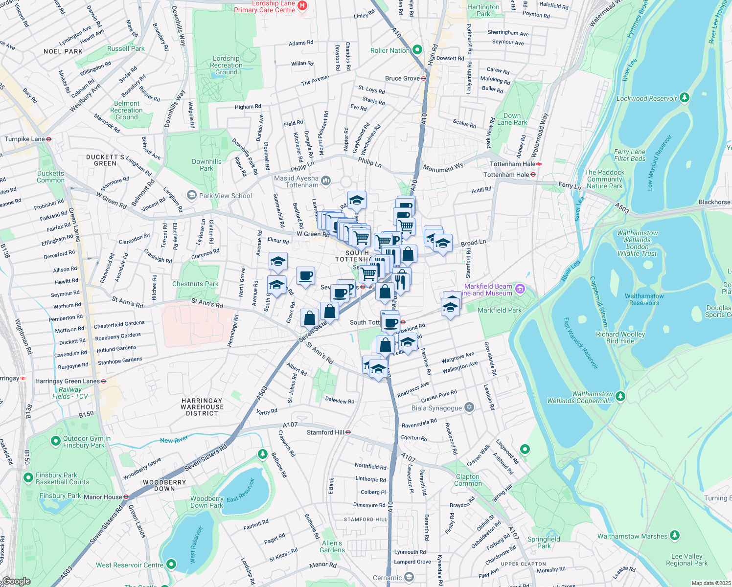 map of restaurants, bars, coffee shops, grocery stores, and more near 667 Seven Sisters Road in London