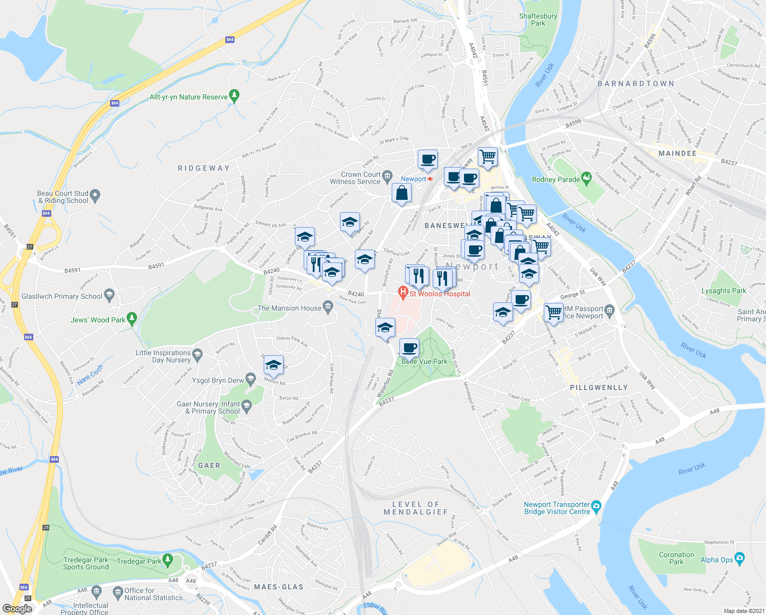 map of restaurants, bars, coffee shops, grocery stores, and more near Stow Park Avenue in Newport