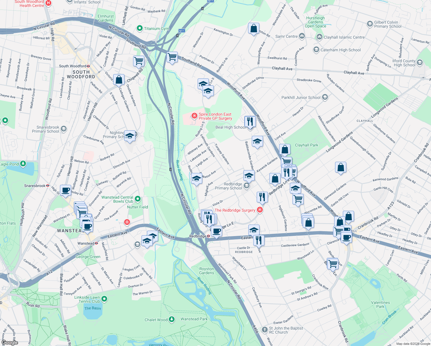 map of restaurants, bars, coffee shops, grocery stores, and more near 9 Peaketon Avenue in Greater London