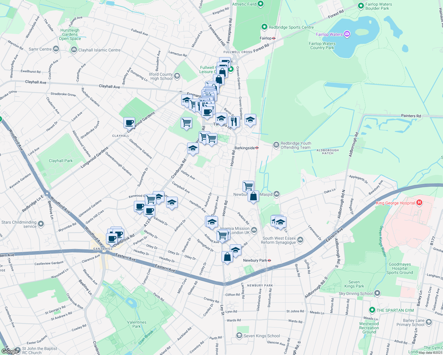 map of restaurants, bars, coffee shops, grocery stores, and more near in Ilford