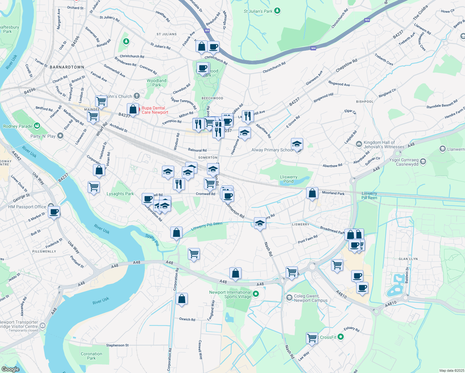 map of restaurants, bars, coffee shops, grocery stores, and more near Collingwood Avenue in Newport