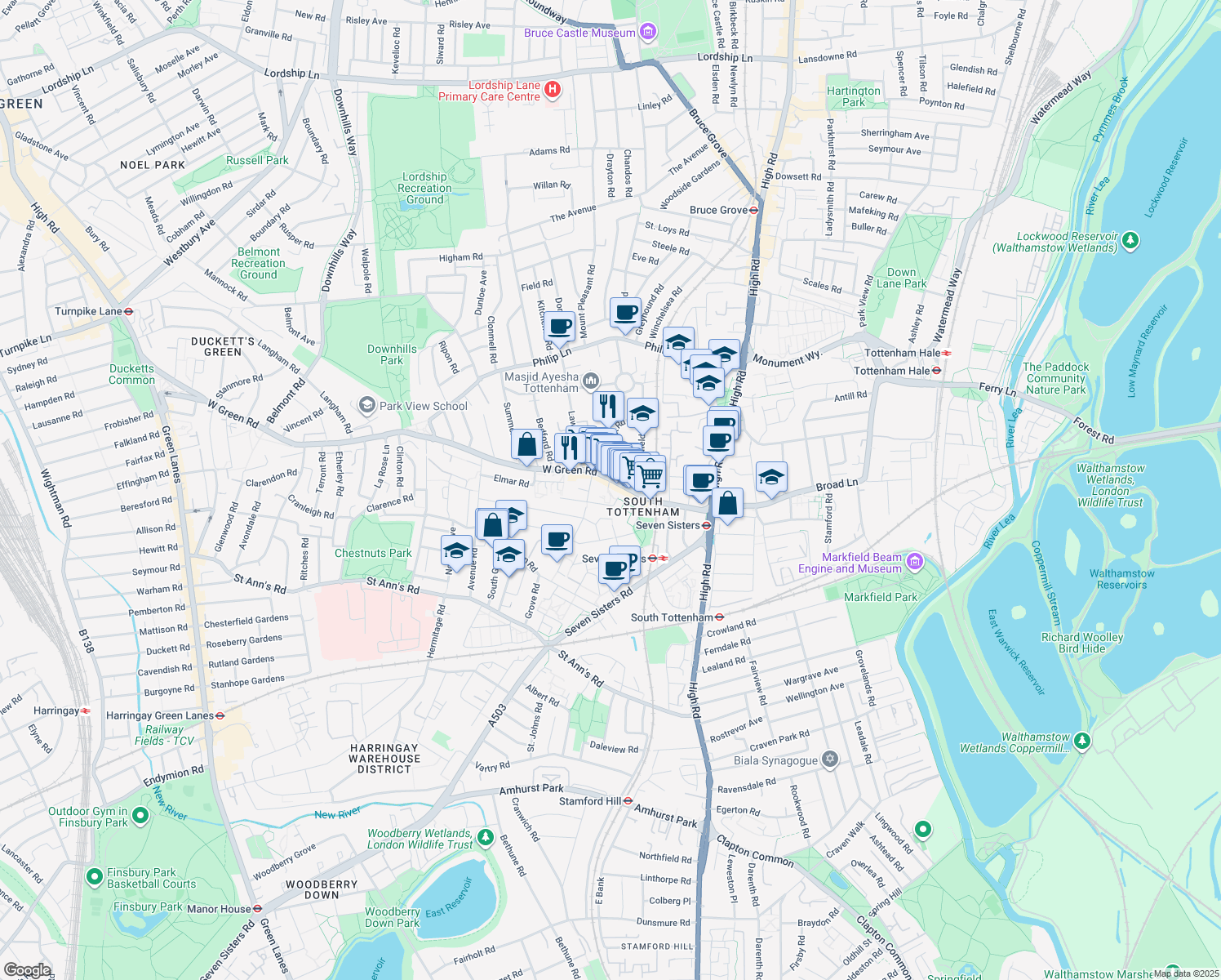 map of restaurants, bars, coffee shops, grocery stores, and more near Bomond Close in Greater London