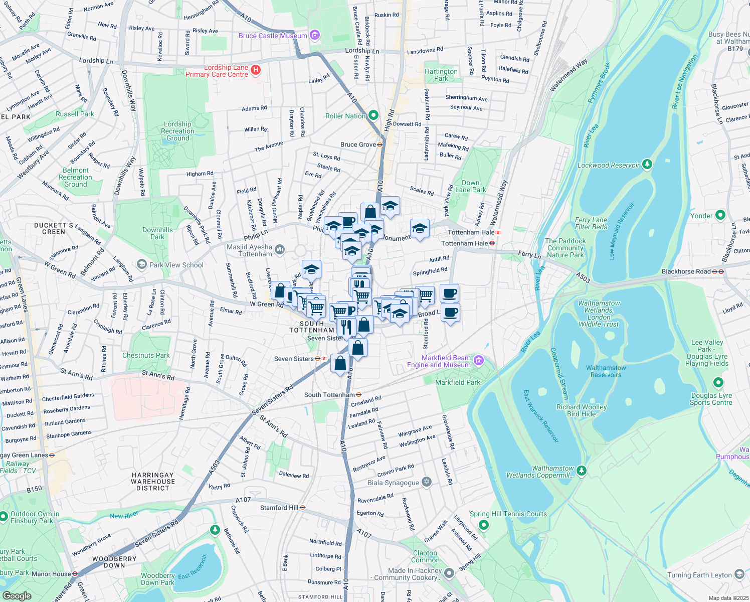 map of restaurants, bars, coffee shops, grocery stores, and more near in Greater London
