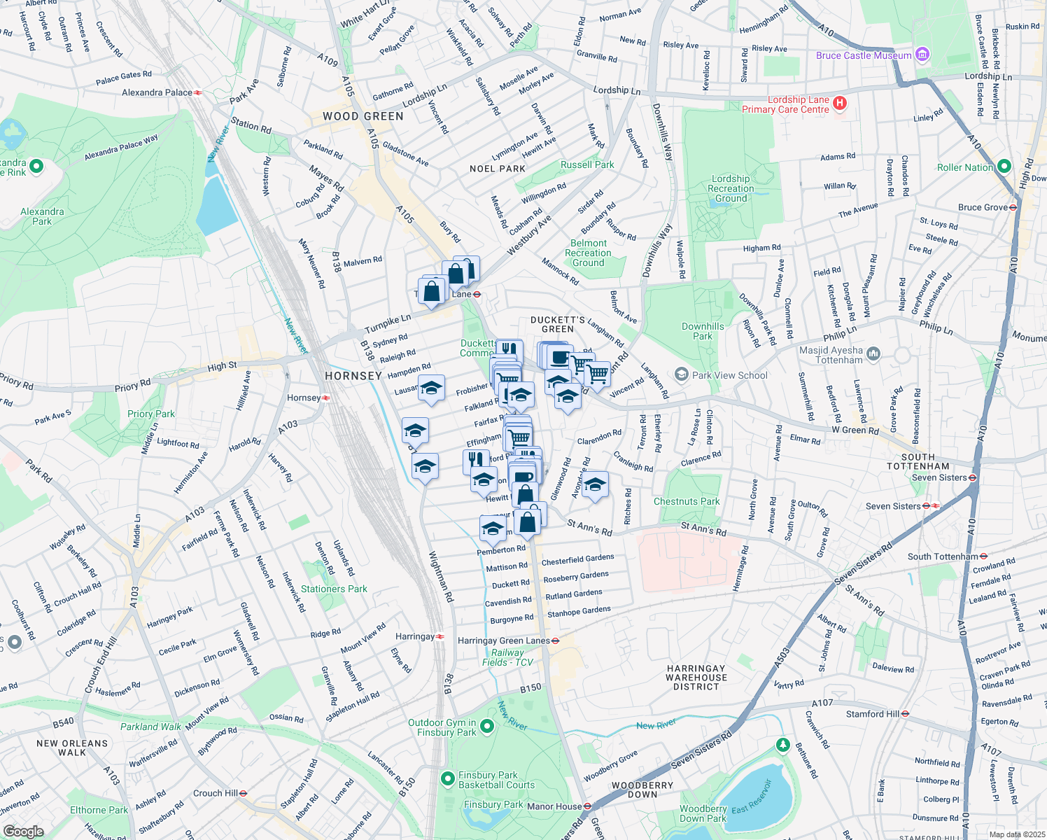 map of restaurants, bars, coffee shops, grocery stores, and more near Green Lanes in Greater London