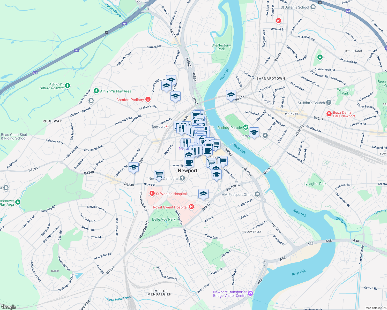 map of restaurants, bars, coffee shops, grocery stores, and more near Stow Hill in Newport