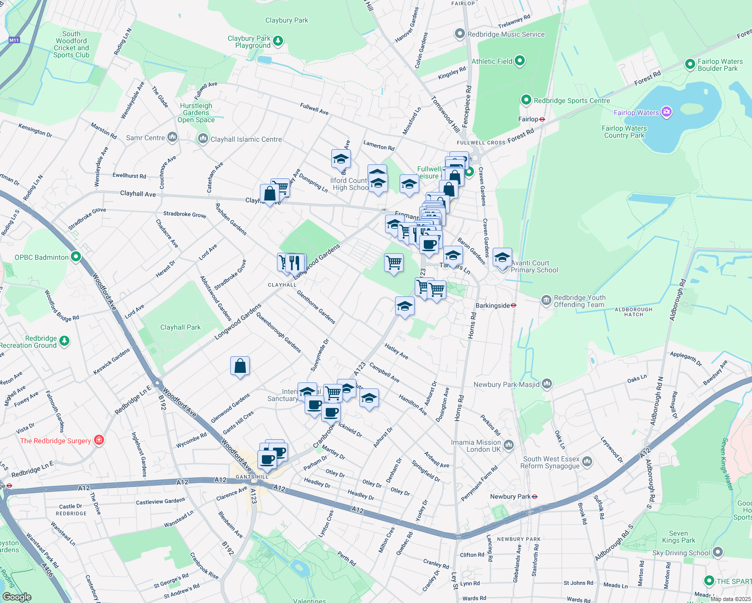 map of restaurants, bars, coffee shops, grocery stores, and more near in Ilford