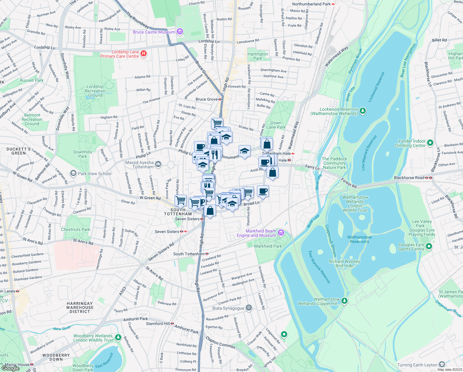 map of restaurants, bars, coffee shops, grocery stores, and more near Tynemouth Road in Greater London
