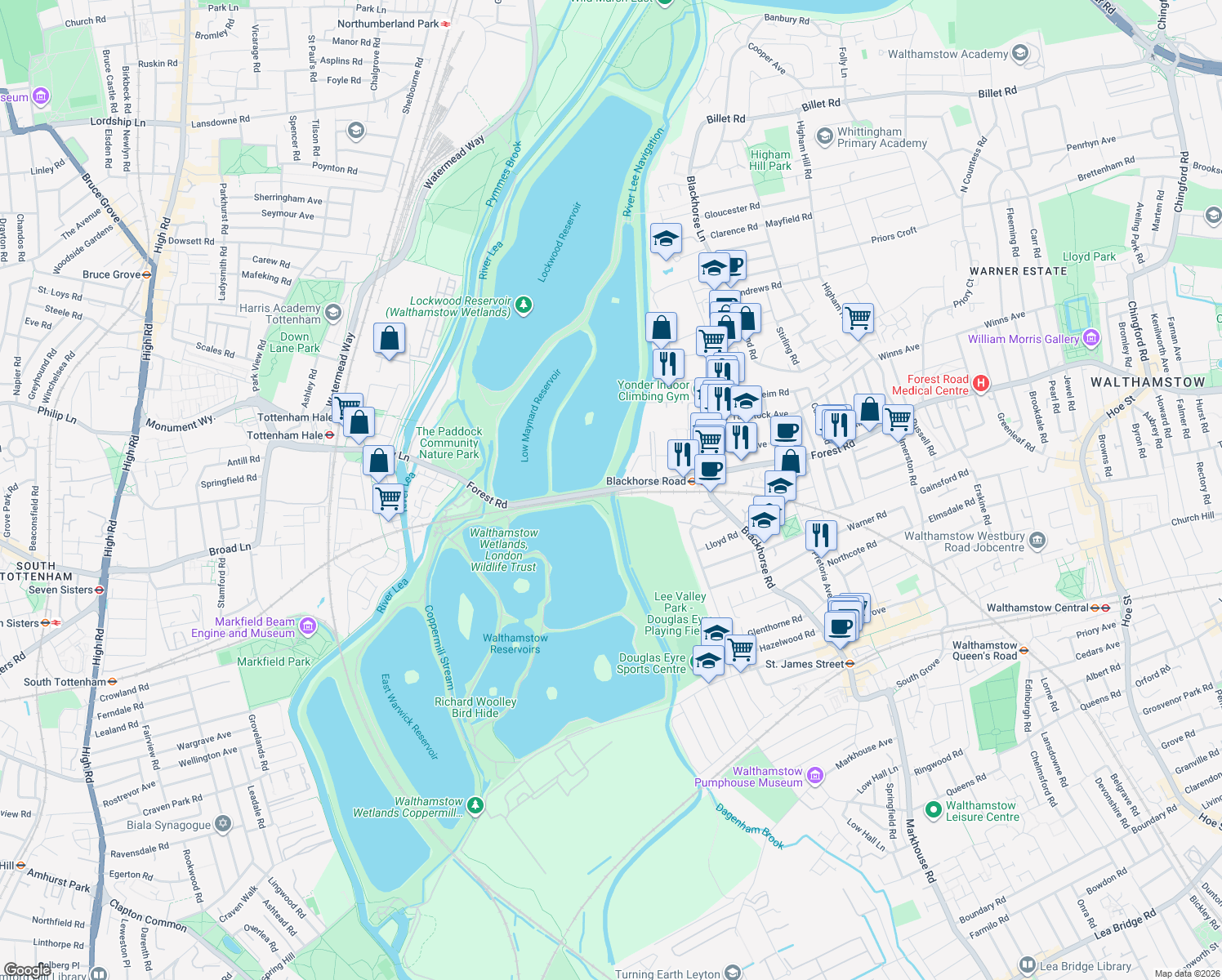 map of restaurants, bars, coffee shops, grocery stores, and more near Forest Road in Greater London