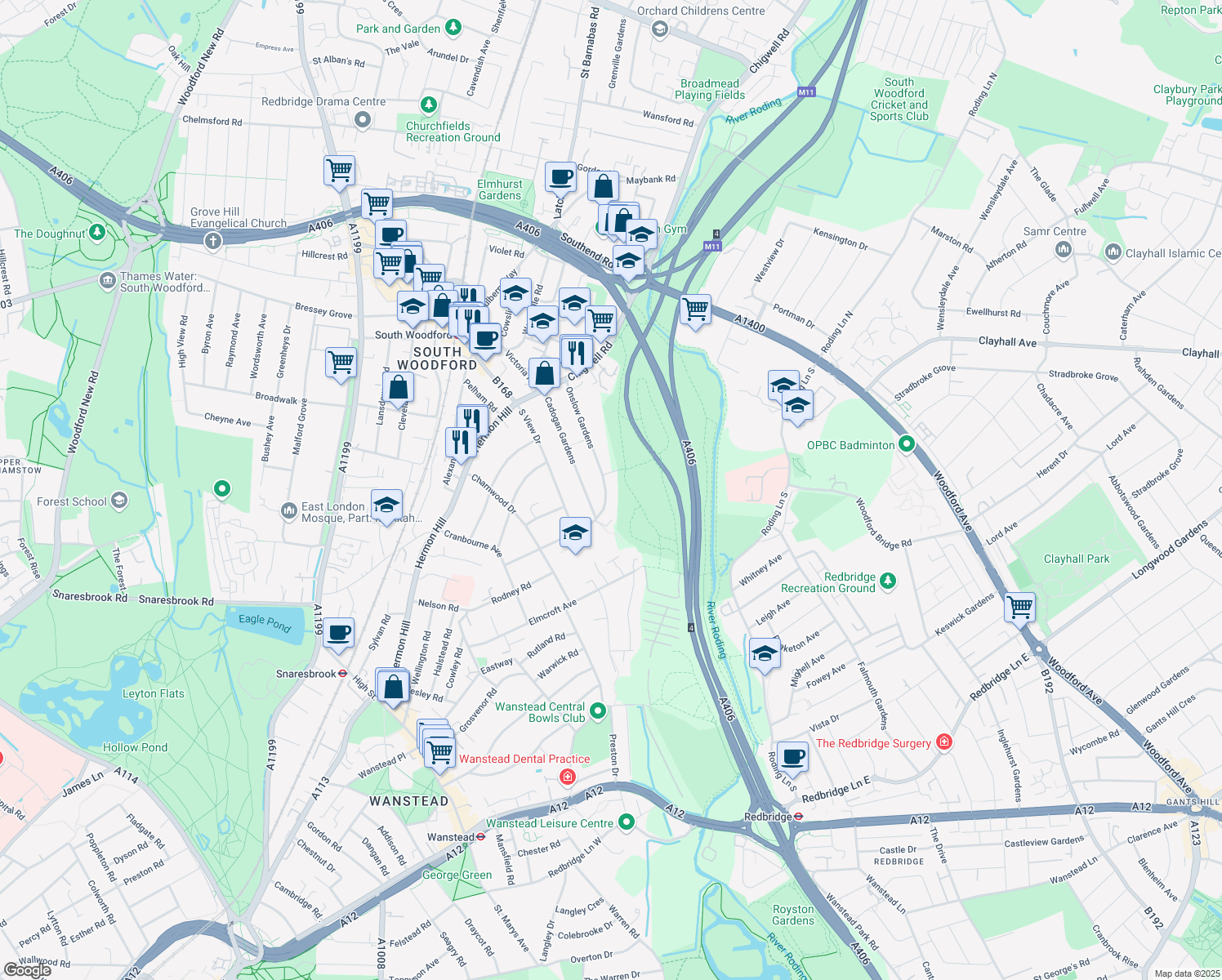 map of restaurants, bars, coffee shops, grocery stores, and more near 127 Onslow Gardens in Greater London