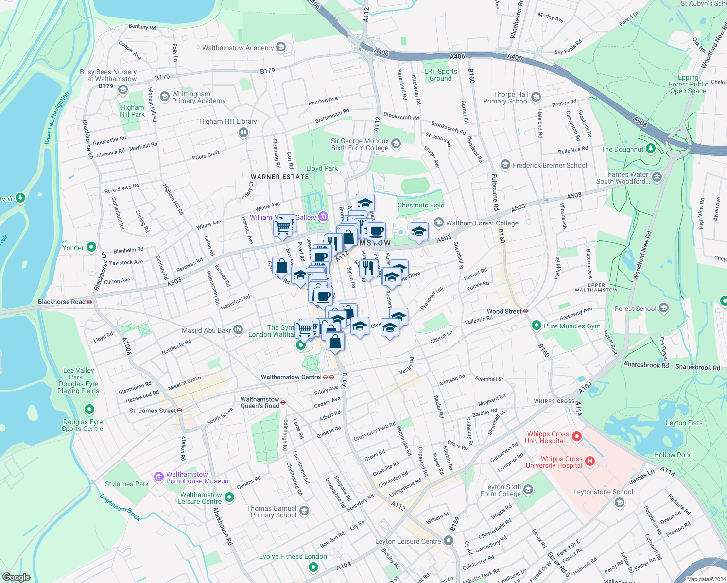 map of restaurants, bars, coffee shops, grocery stores, and more near in London