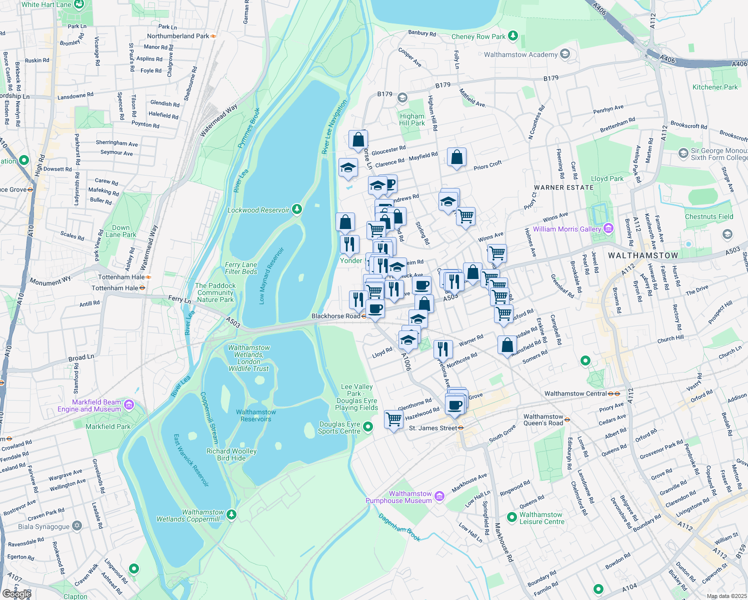 map of restaurants, bars, coffee shops, grocery stores, and more near 5 Blackhorse Lane in Greater London