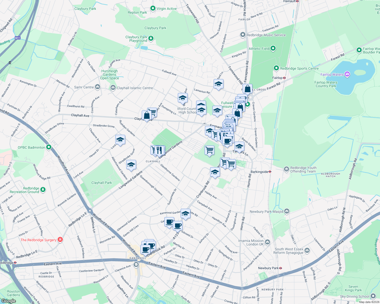 map of restaurants, bars, coffee shops, grocery stores, and more near 56 Greenleafe Drive in Greater London