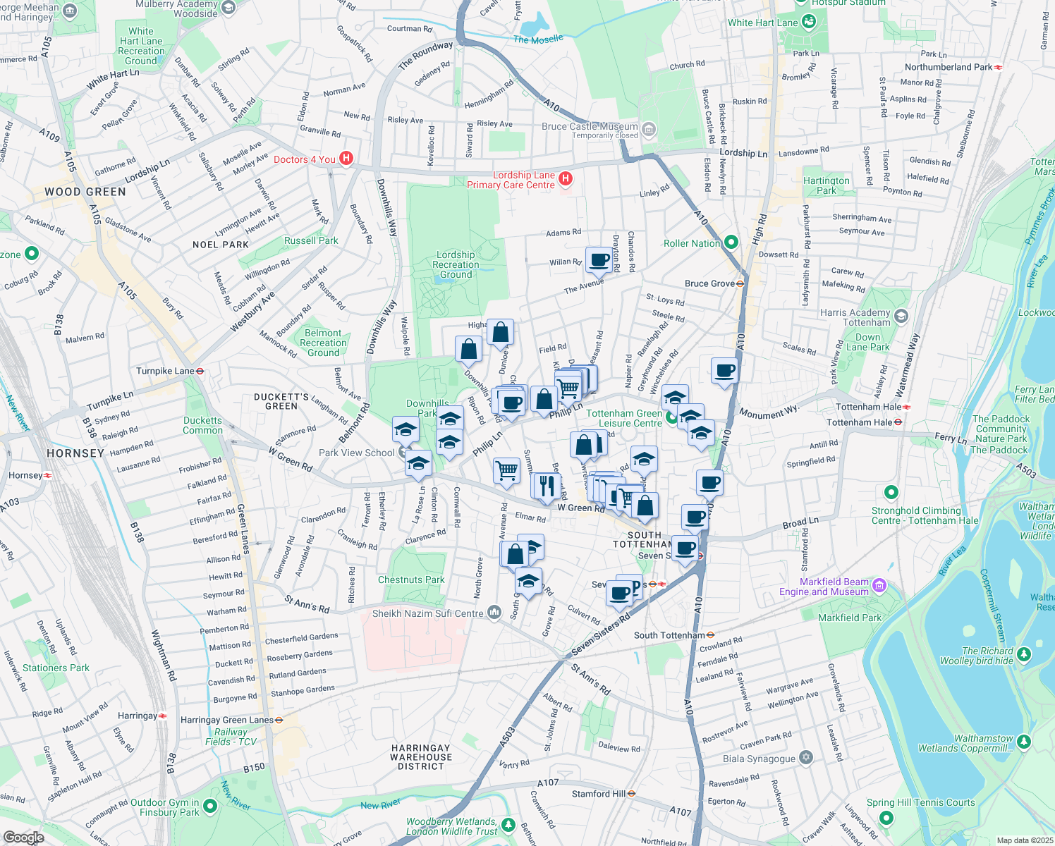 map of restaurants, bars, coffee shops, grocery stores, and more near  in London