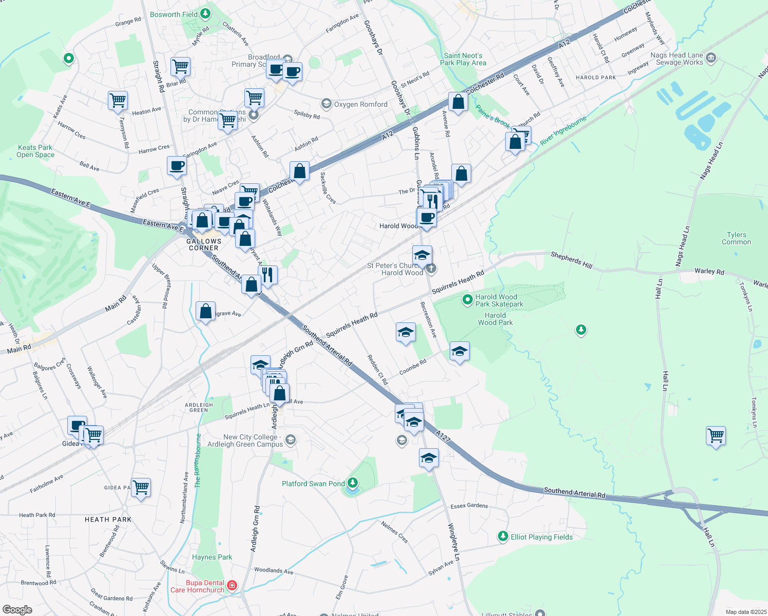 map of restaurants, bars, coffee shops, grocery stores, and more near 90 Squirrels Heath Road in Greater London