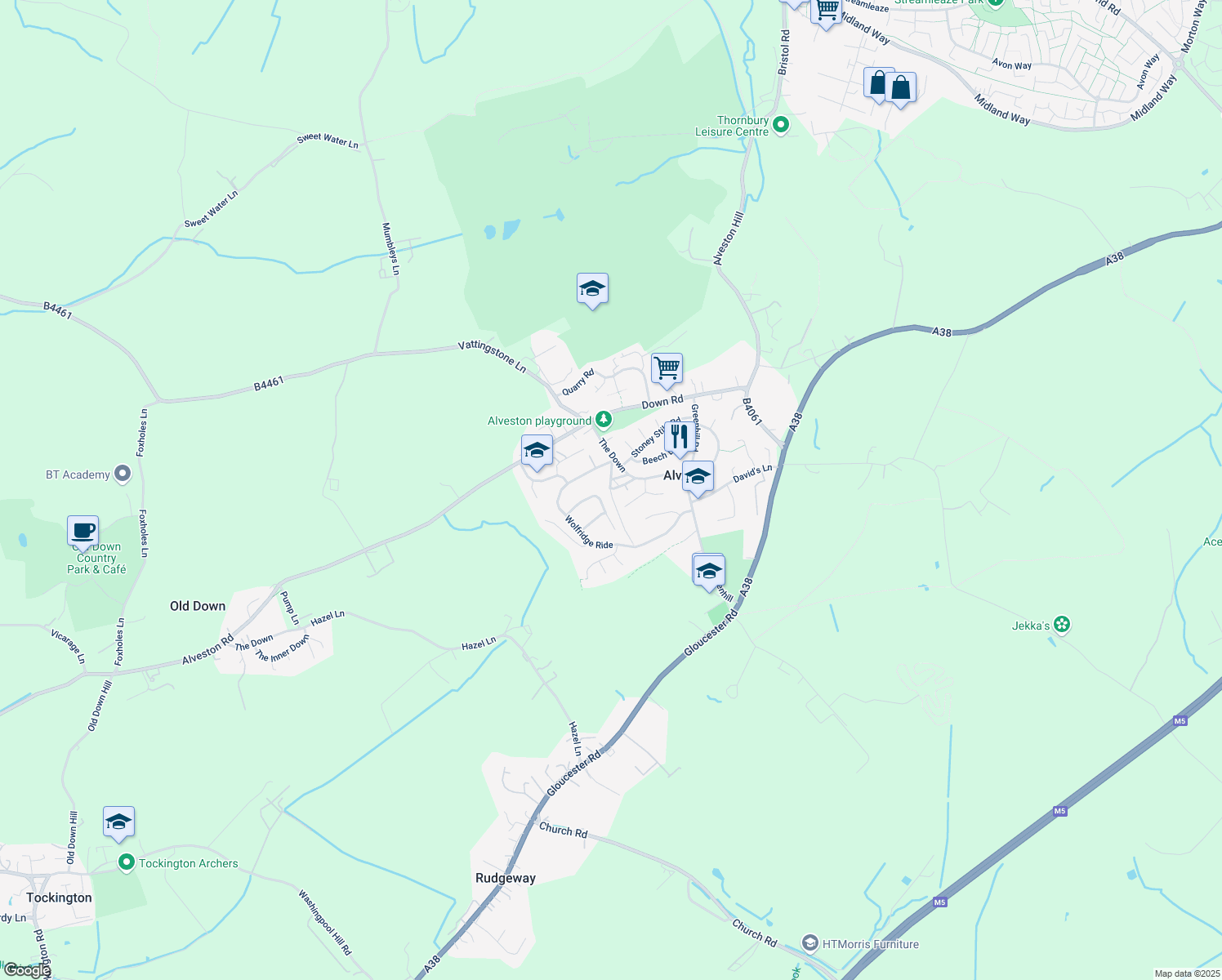 map of restaurants, bars, coffee shops, grocery stores, and more near 24 The Square in Alveston