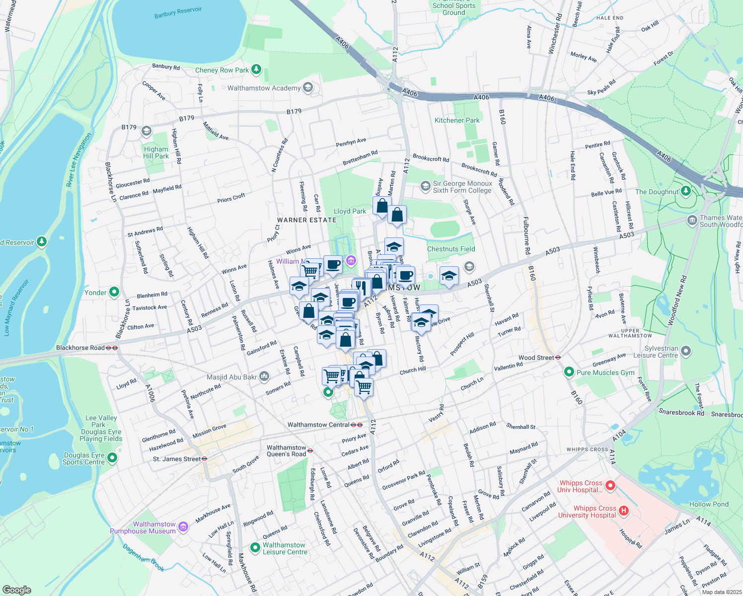 map of restaurants, bars, coffee shops, grocery stores, and more near 40 Hoe Street in Greater London