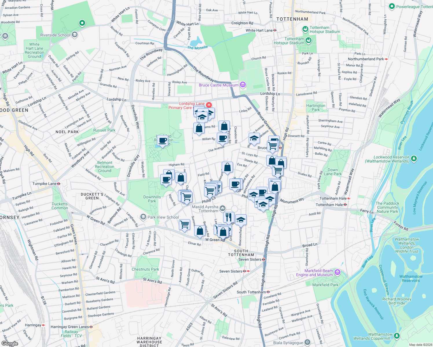 map of restaurants, bars, coffee shops, grocery stores, and more near Fairbourne Road in Greater London