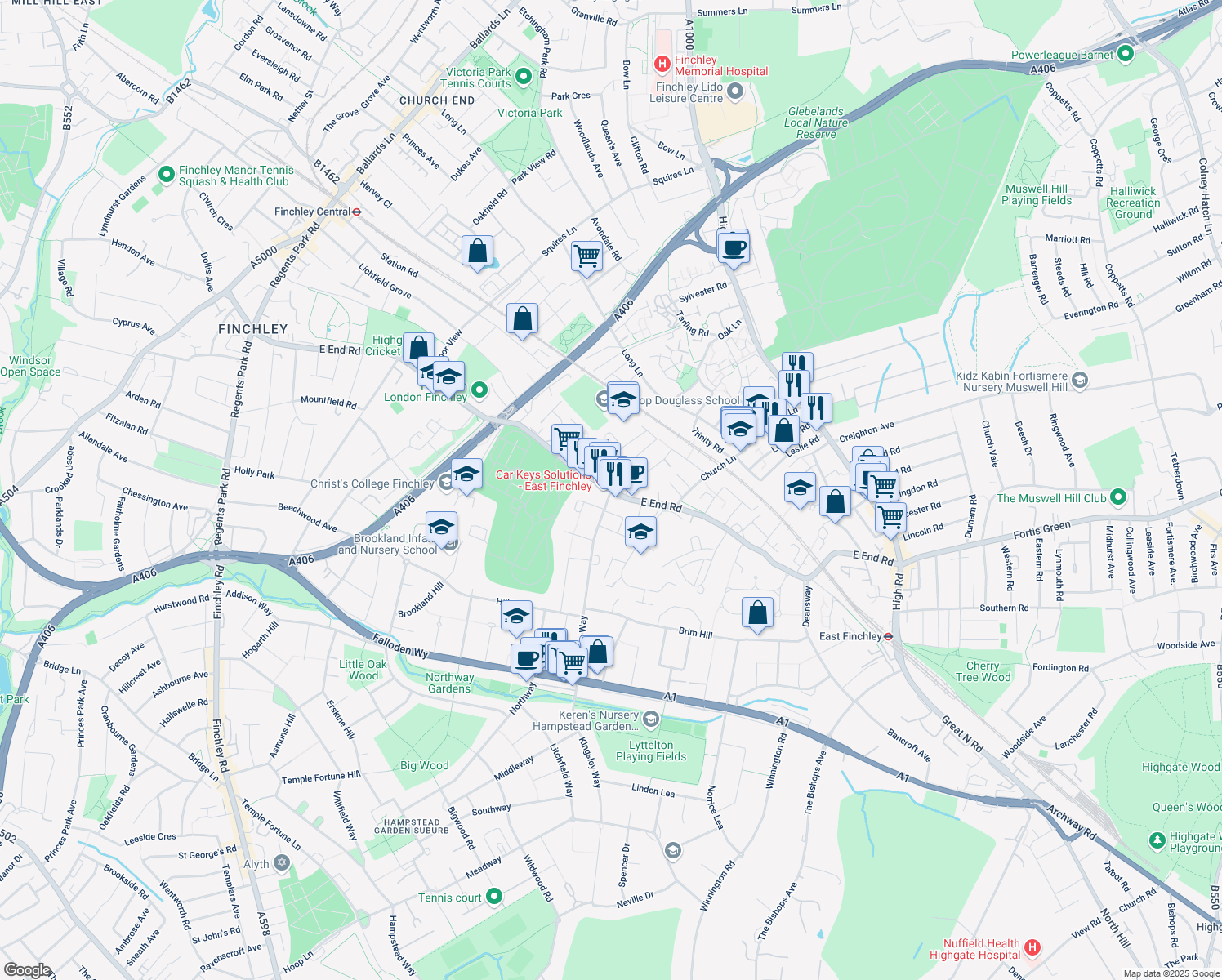 map of restaurants, bars, coffee shops, grocery stores, and more near East End Road in Greater London