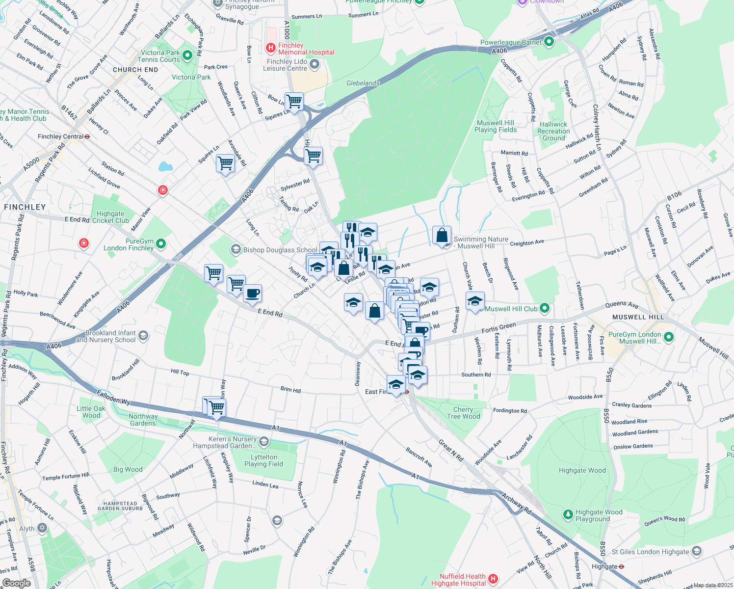 map of restaurants, bars, coffee shops, grocery stores, and more near in London