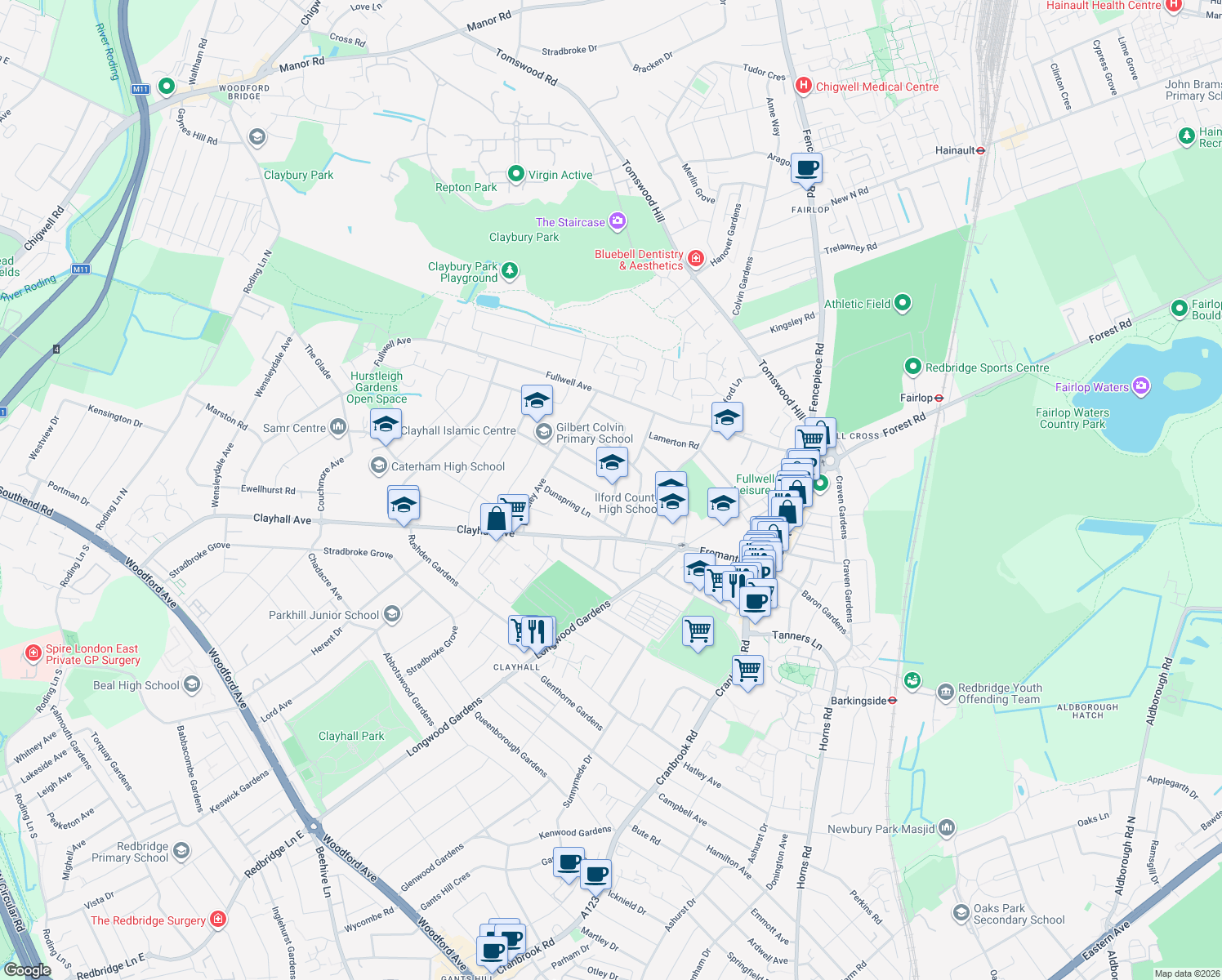 map of restaurants, bars, coffee shops, grocery stores, and more near 5 Sheldon Avenue in Ilford