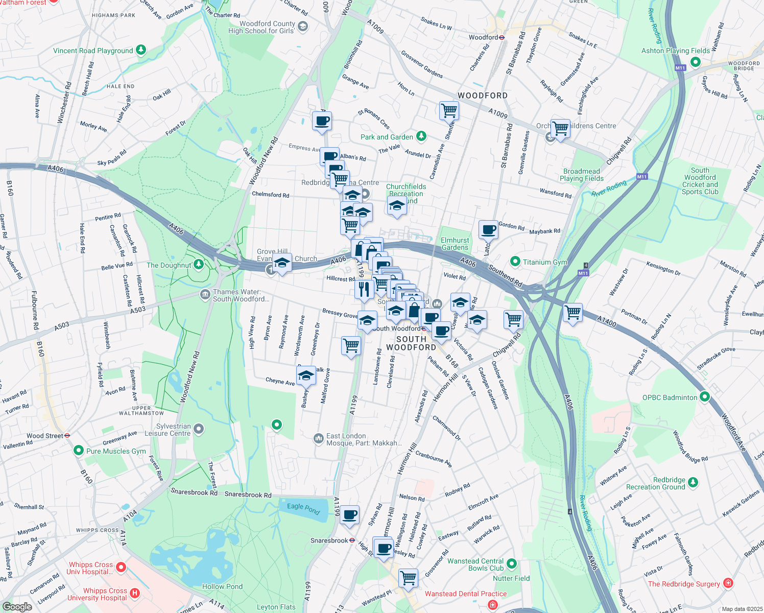 map of restaurants, bars, coffee shops, grocery stores, and more near 24 Glebelands Avenue in Greater London