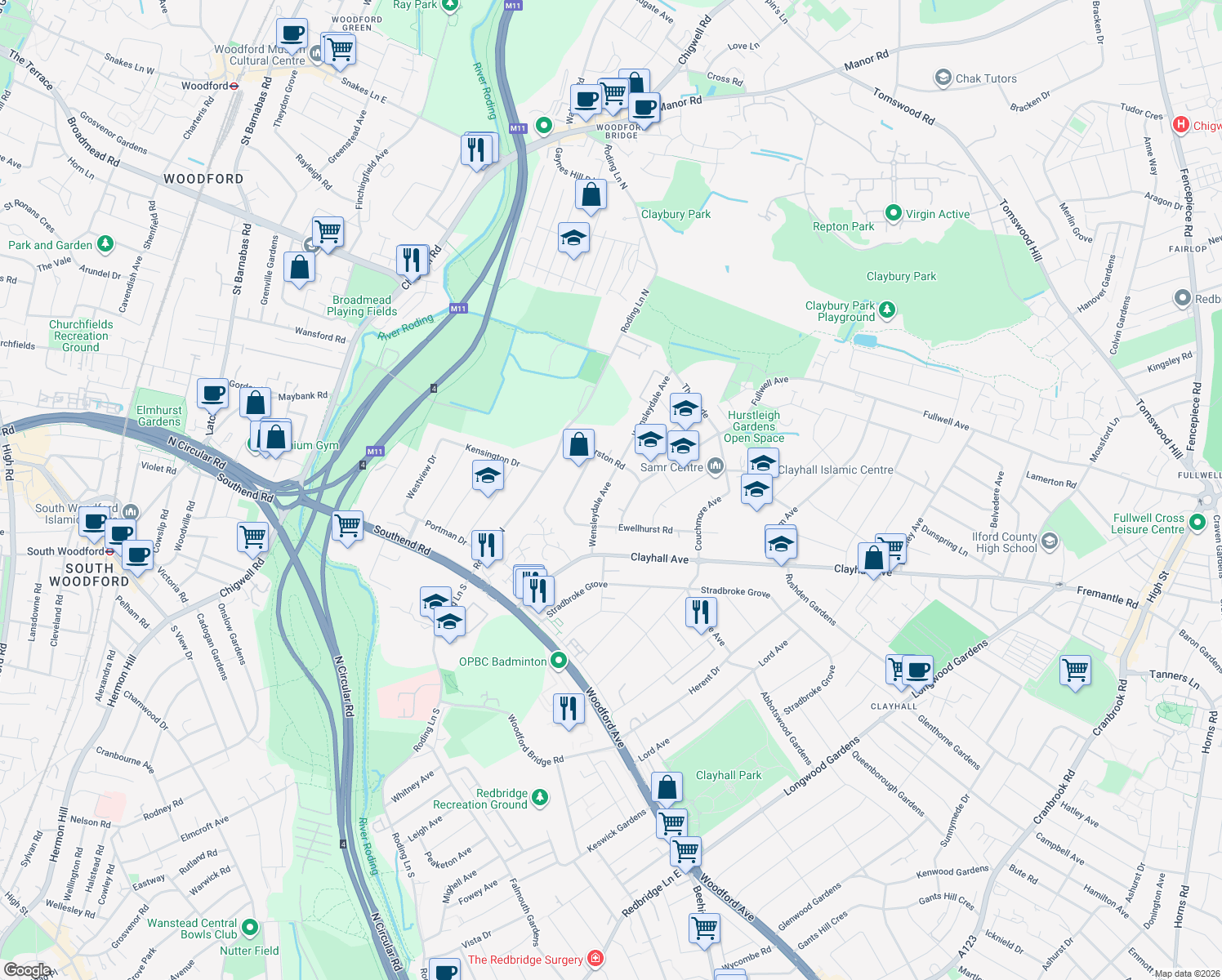 map of restaurants, bars, coffee shops, grocery stores, and more near 22 Wensleydale Avenue in Greater London