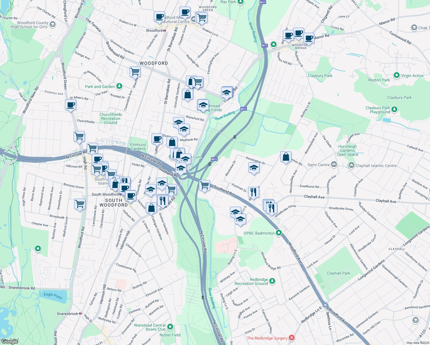 map of restaurants, bars, coffee shops, grocery stores, and more near 30 Lechmere Avenue in Woodford