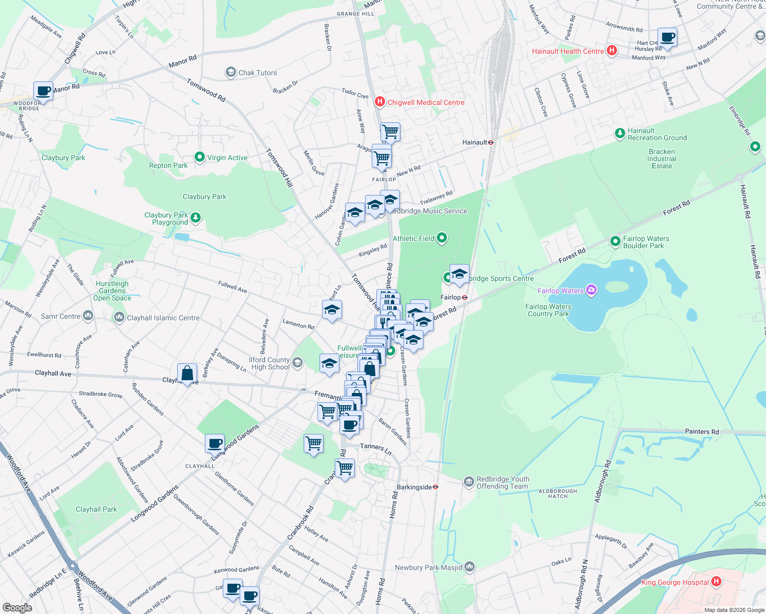 map of restaurants, bars, coffee shops, grocery stores, and more near in Greater London
