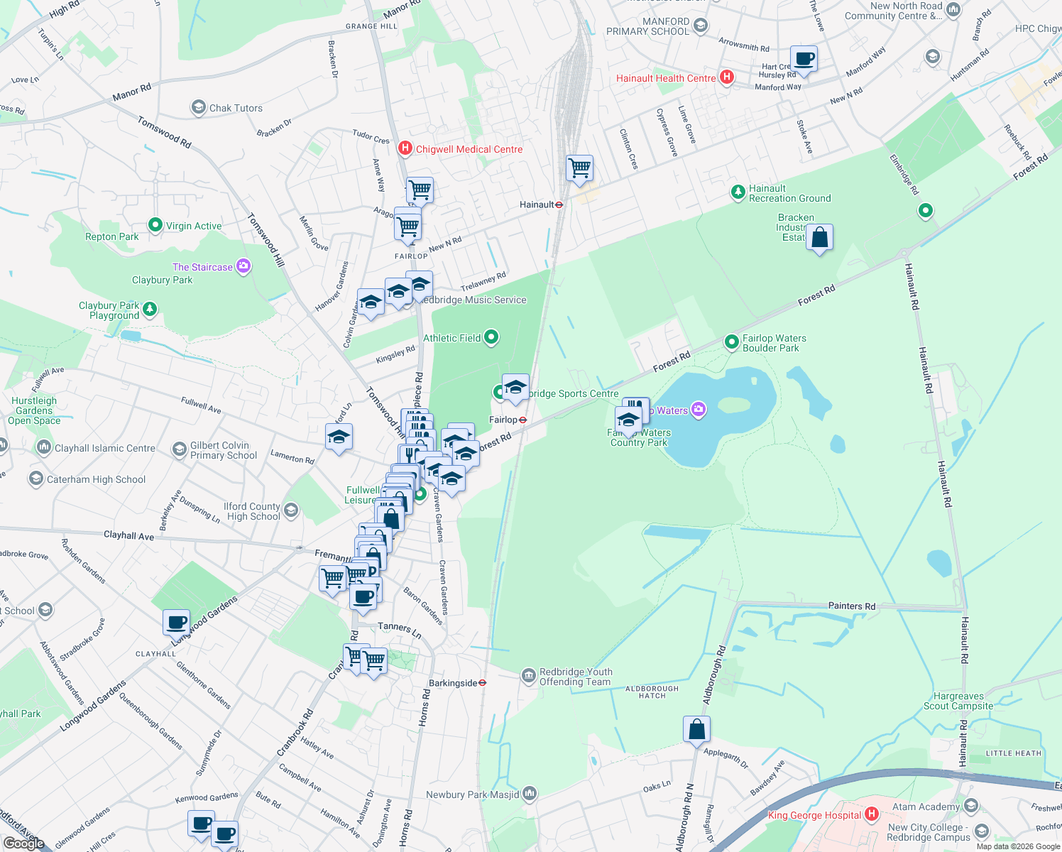 map of restaurants, bars, coffee shops, grocery stores, and more near Forest Road in Greater London