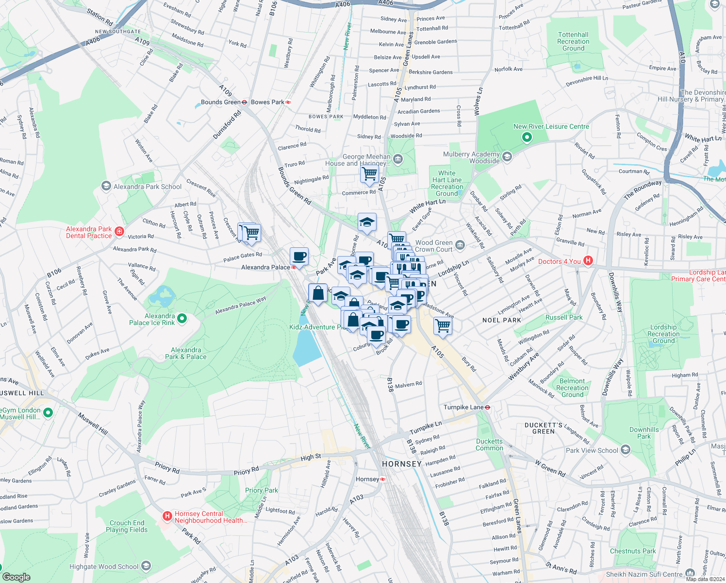 map of restaurants, bars, coffee shops, grocery stores, and more near in Greater London