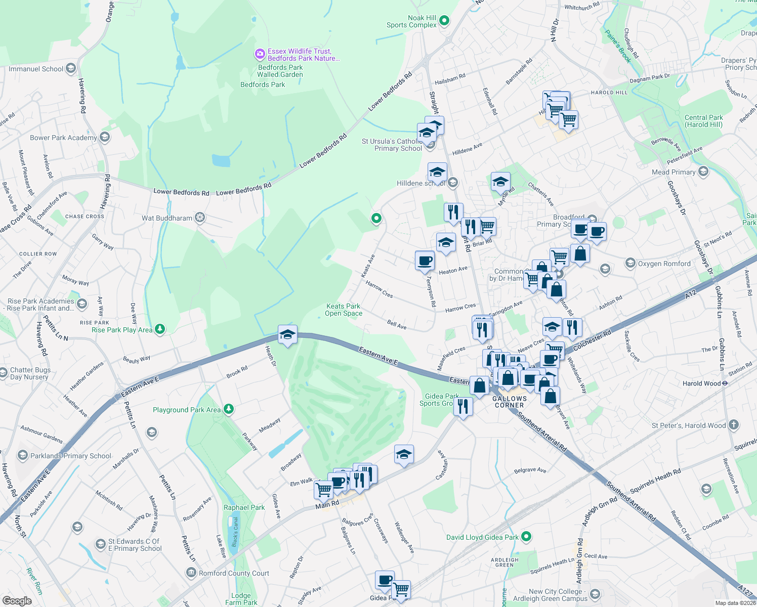map of restaurants, bars, coffee shops, grocery stores, and more near 3 Ellmore Close in Romford