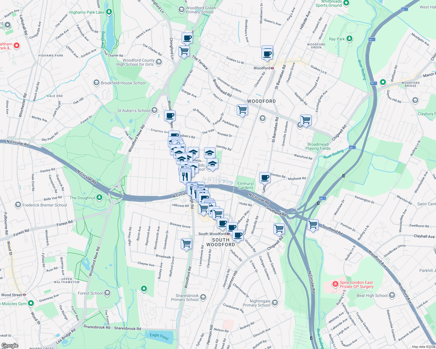 map of restaurants, bars, coffee shops, grocery stores, and more near in Greater London