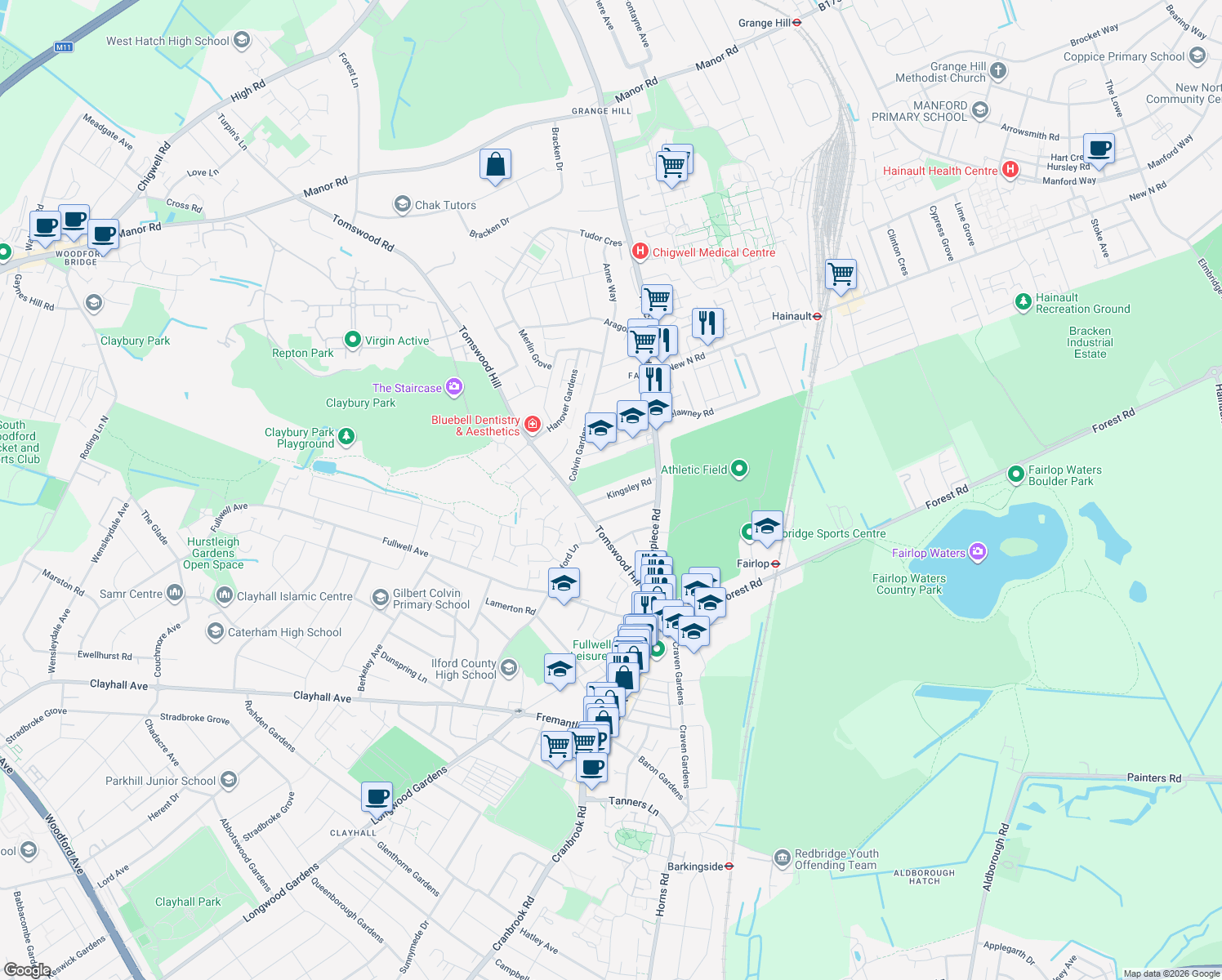map of restaurants, bars, coffee shops, grocery stores, and more near in Ilford