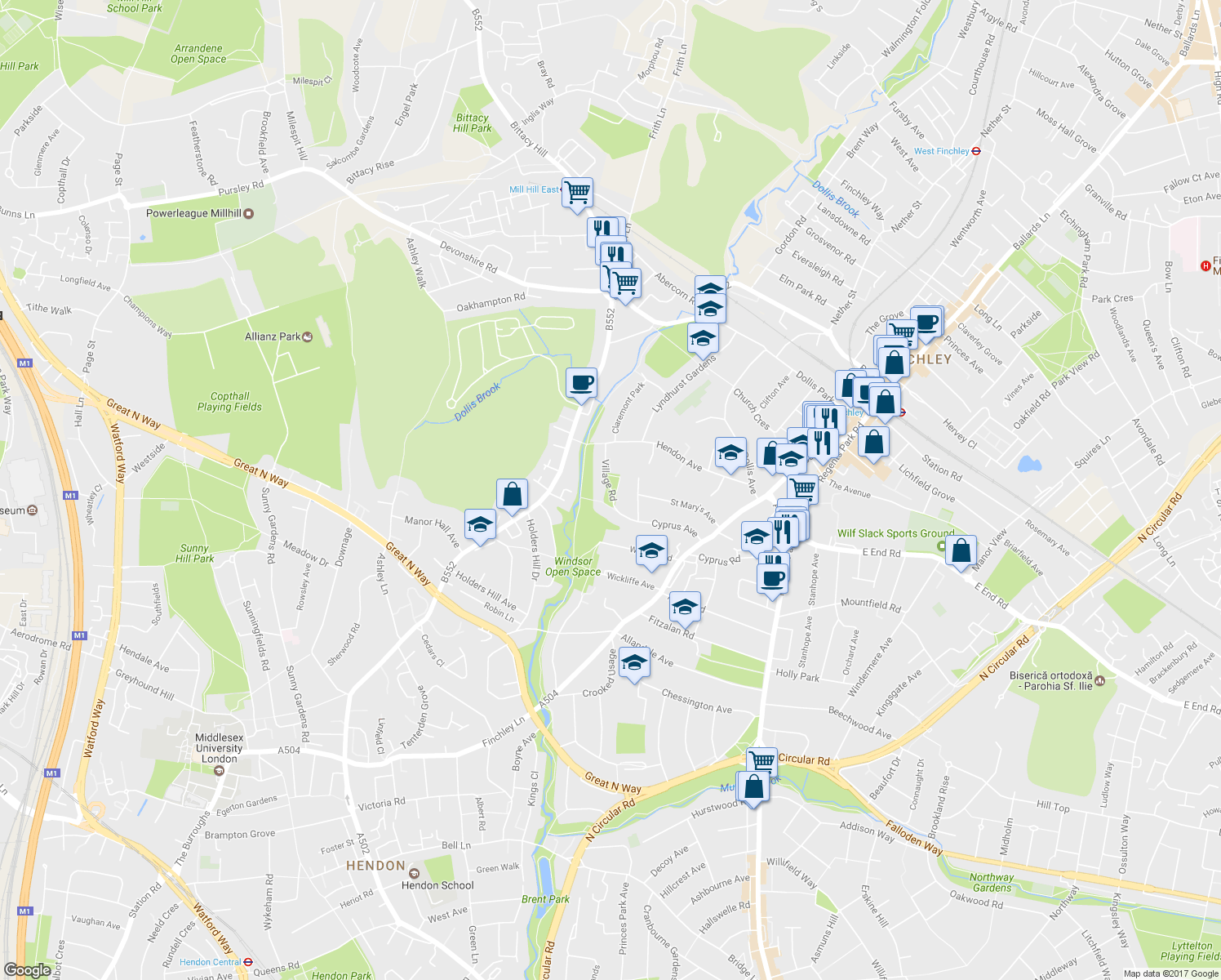 map of restaurants, bars, coffee shops, grocery stores, and more near in London