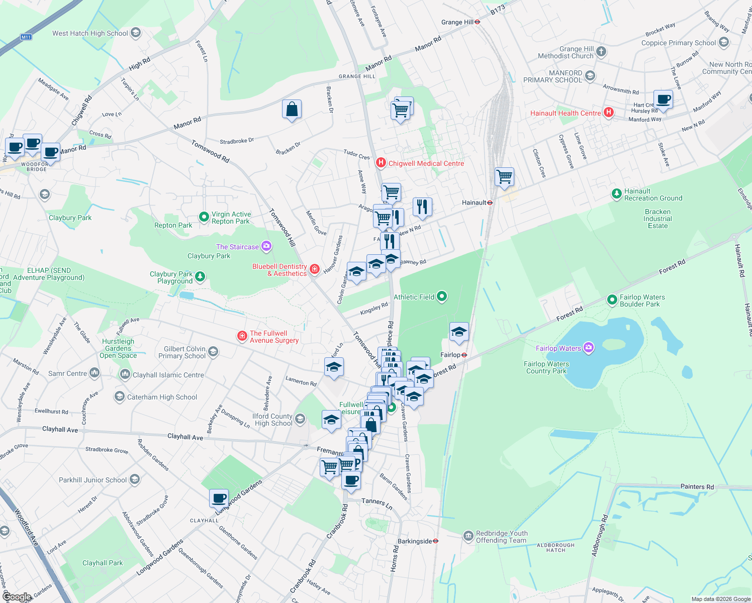map of restaurants, bars, coffee shops, grocery stores, and more near 2 Colvin Gardens in Greater London