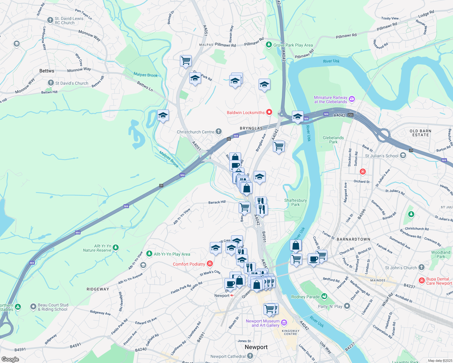 map of restaurants, bars, coffee shops, grocery stores, and more near Walford Street in Newport