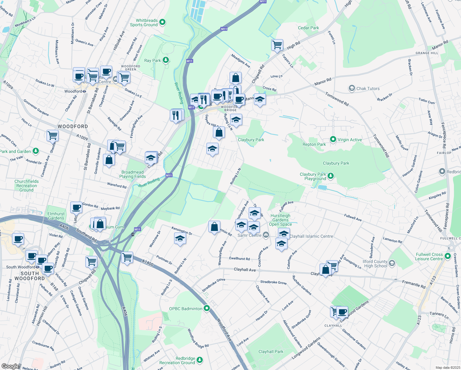 map of restaurants, bars, coffee shops, grocery stores, and more near in Greater London