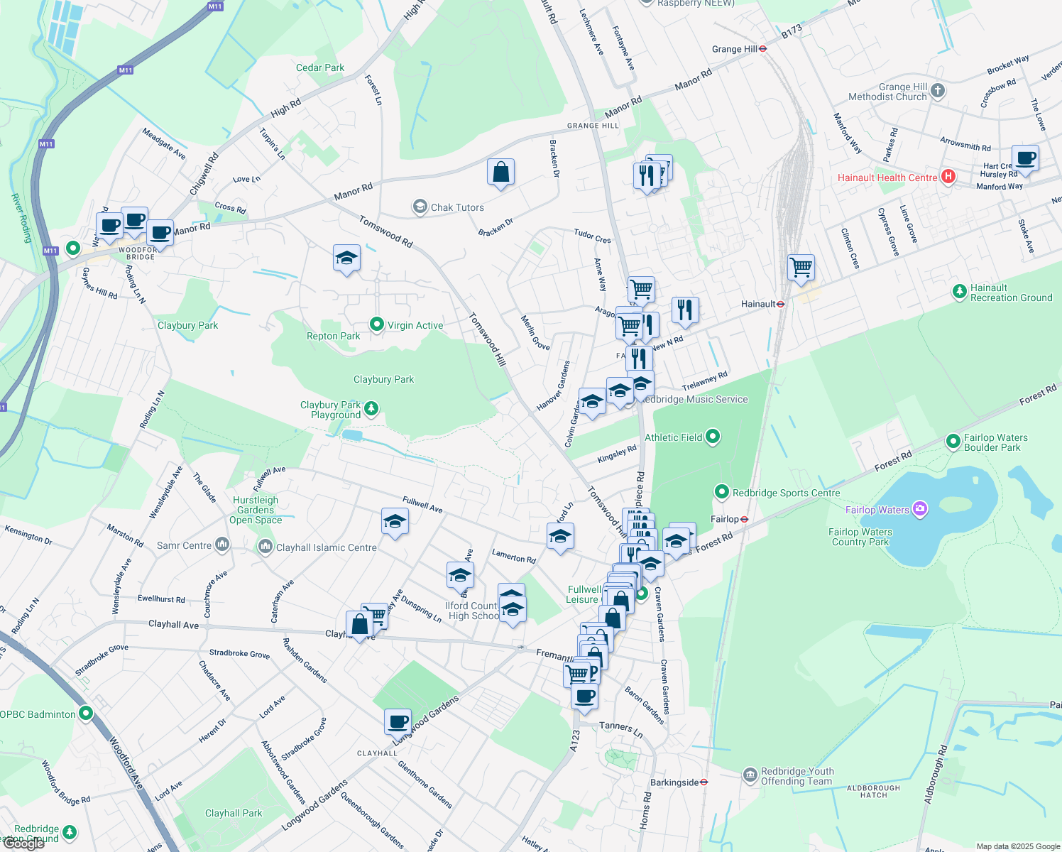 map of restaurants, bars, coffee shops, grocery stores, and more near in Ilford